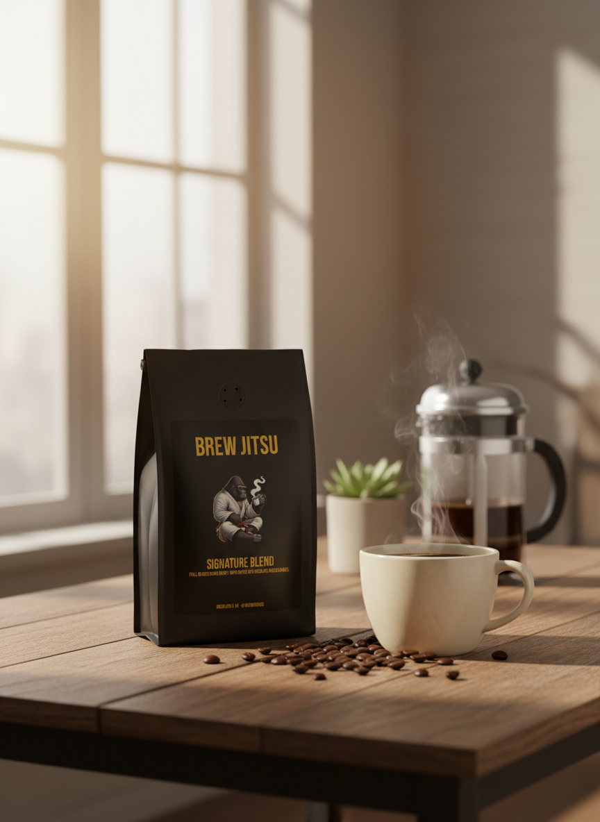 Change the bag of coffee for the Brew Jitsu Signature Blend in the other mockup in this product description