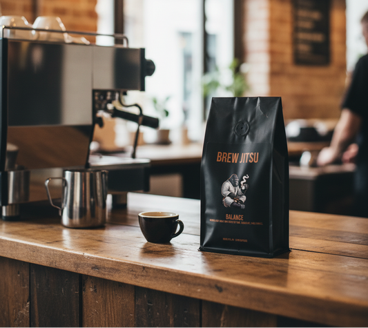 Use the Balance photo from this mock up to create an image in a coffee shop of the same bag